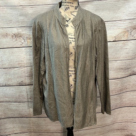 Eileen Fisher Open Jacket Tussah Silk Pockets XL Cardigan Crinkle Pop Collar - Picture 1 of 9